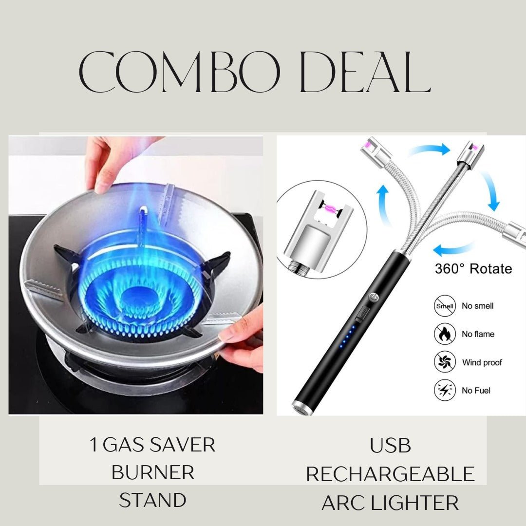 Combo Deal Of Gas Saver Burner Stand + USB Rechargeable Arc Lighter | Best Quality Lighter and Gas Saver Burner ( Random Color ) - Rumaisas