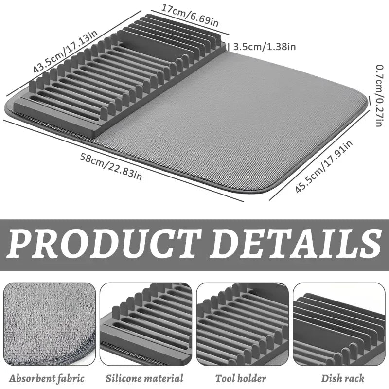 Dish Drying Mat with Drain Rack – Absorbent Kitchen Counter Mat - Rumaisas