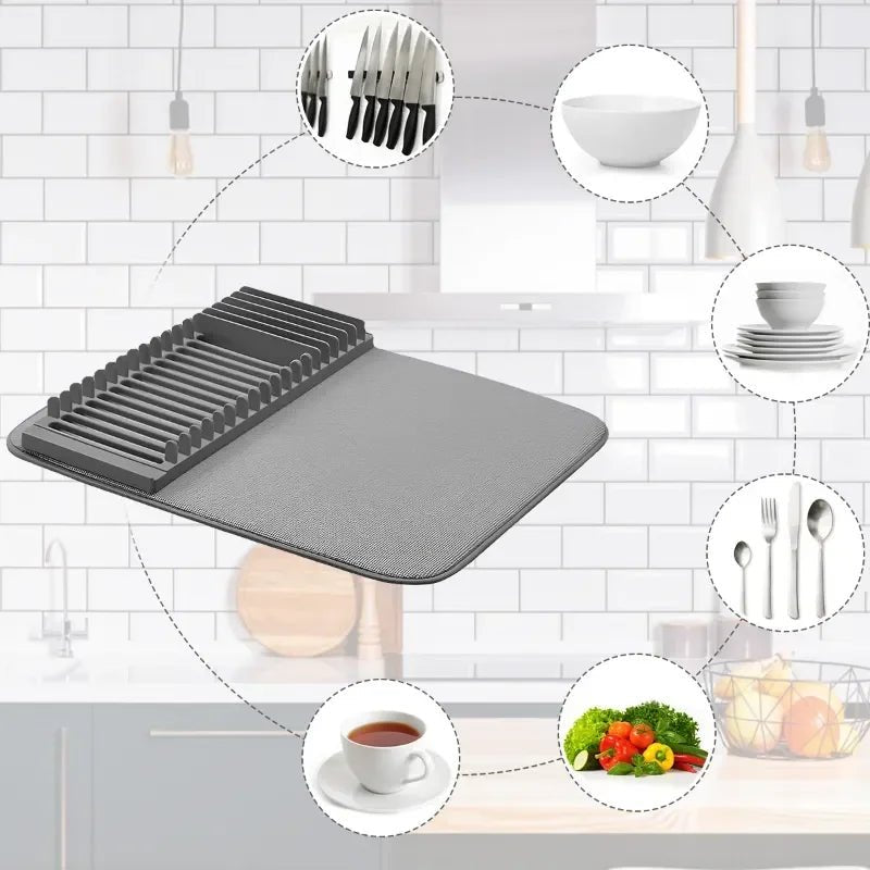 Dish Drying Mat with Drain Rack – Absorbent Kitchen Counter Mat - Rumaisas