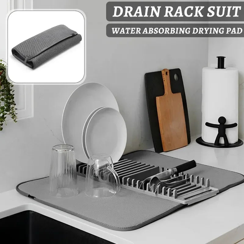 Dish Drying Mat with Drain Rack – Absorbent Kitchen Counter Mat - Rumaisas