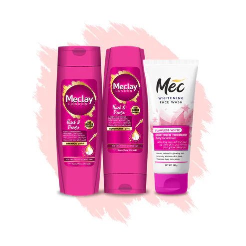 Meclay London Thick & Dense Shampoo - 185ml With Conditioner - 180ml + Mec Flawless White Face Wash Pair Box (Save Rupees 200) - Rumaisas