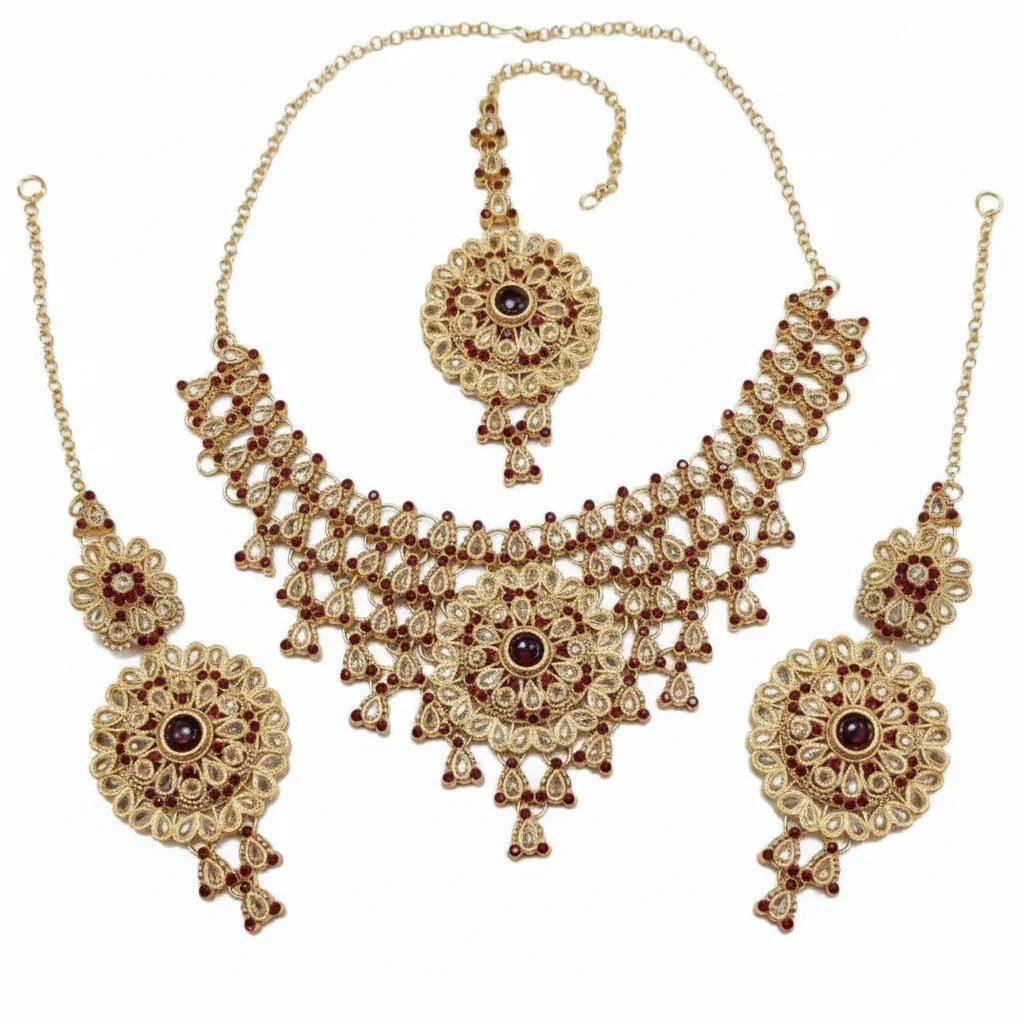 Rose Bridal Color Necklace Set with Earrings & Tikka - Rumaisas