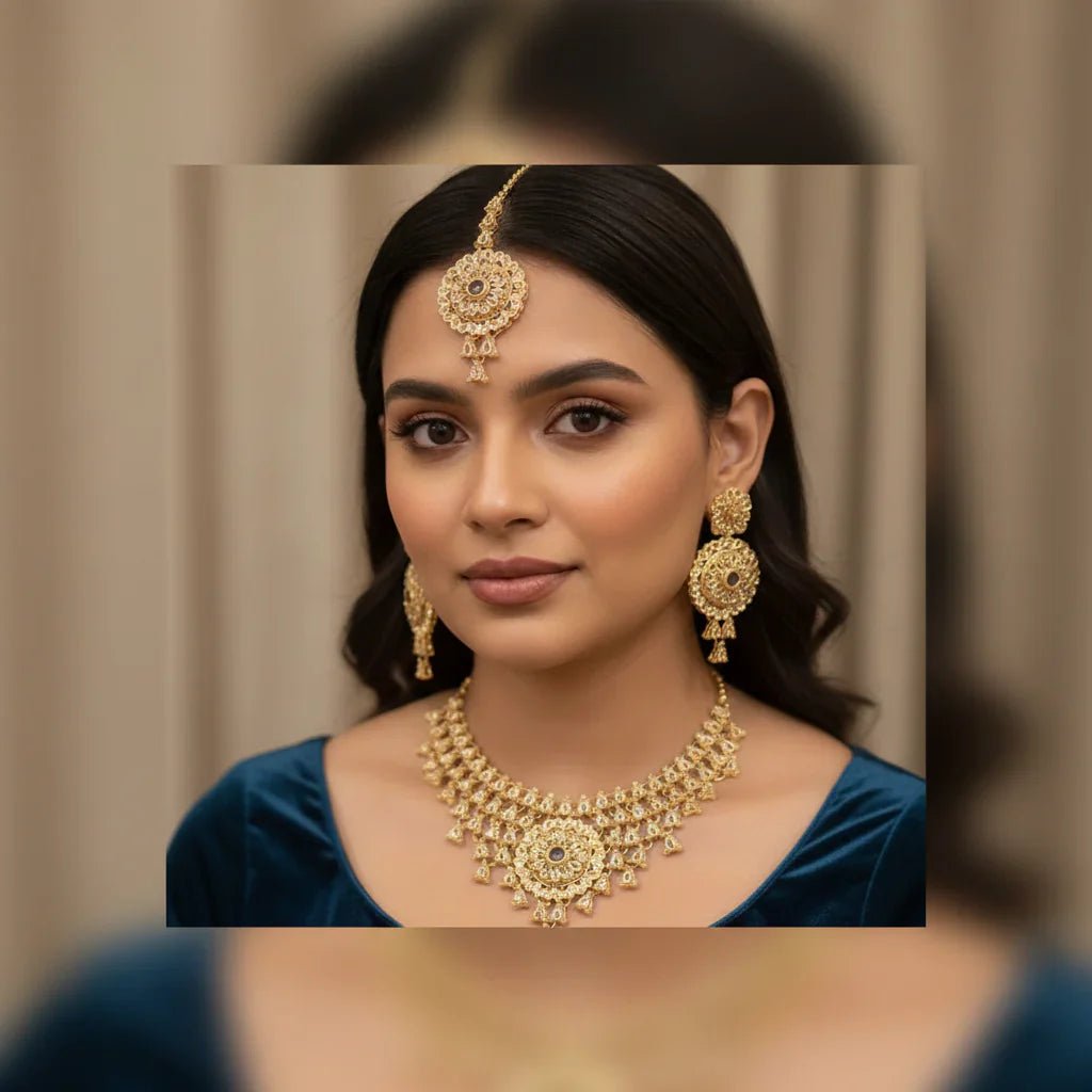 Rose Bridal Color Necklace Set with Earrings & Tikka - Rumaisas