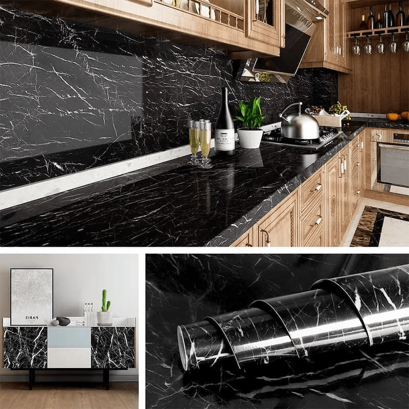 Self - Adhesive Kitchen Marble Sheet - Waterproof Heat Resistant Sheet for Living Room, Bathroom, Kitchen Countertops, Wall – Anti Oil And Heat Resistant Wallpaper Black Sheet ( 60 x 200 Cm ) - Rumaisas