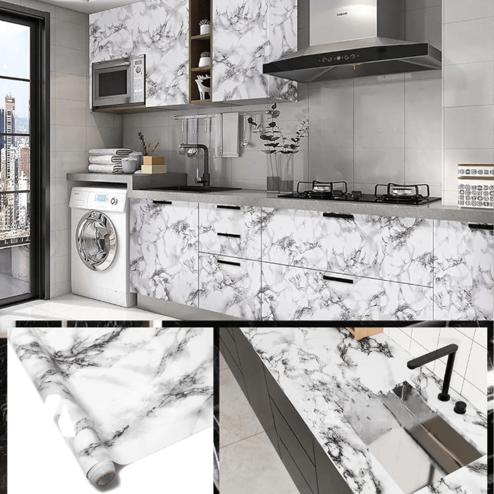 Self Adhesive White Marble Sheet Sticker For Kitchen, Cupboard, Wall – Anti Oil And Heat Resistant Wallpaper (60 x 200 cm) - Rumaisas
