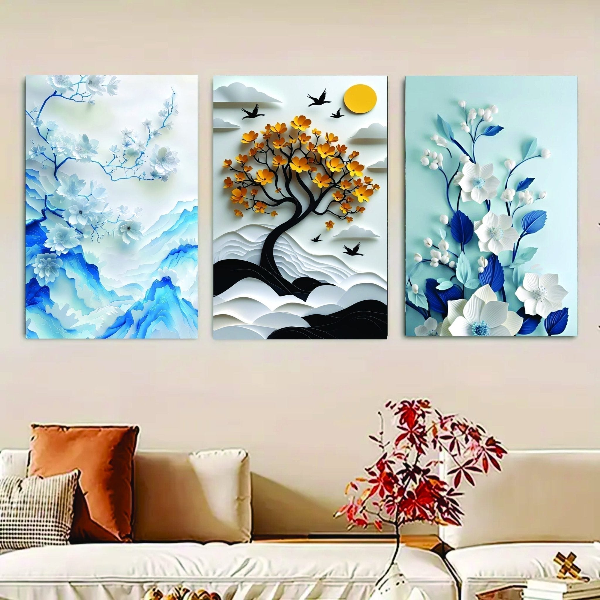 set of 3 Flower Tree art wooden frames for wall decoration / sticky photo tile - Rumaisas