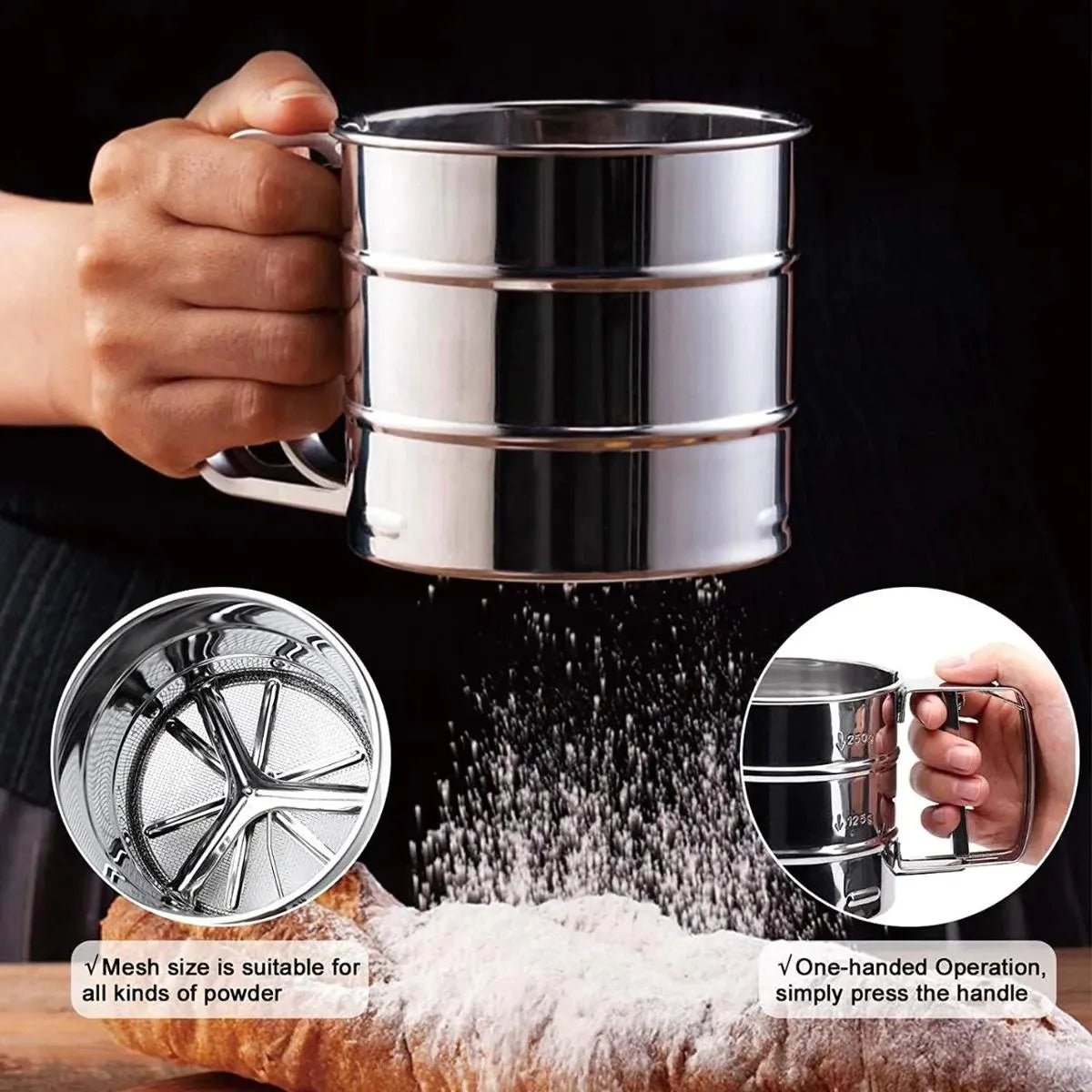 Stainless Steel Flour Strainer for Easy, Mess - Free Sifting of 3 Cups - Rumaisas