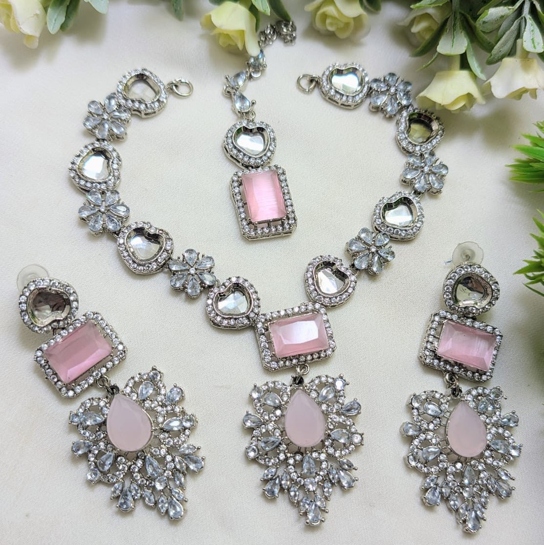 Zircon Necklace Set – Silver Mint Pink & Silver Steel Polish - Rumaisas