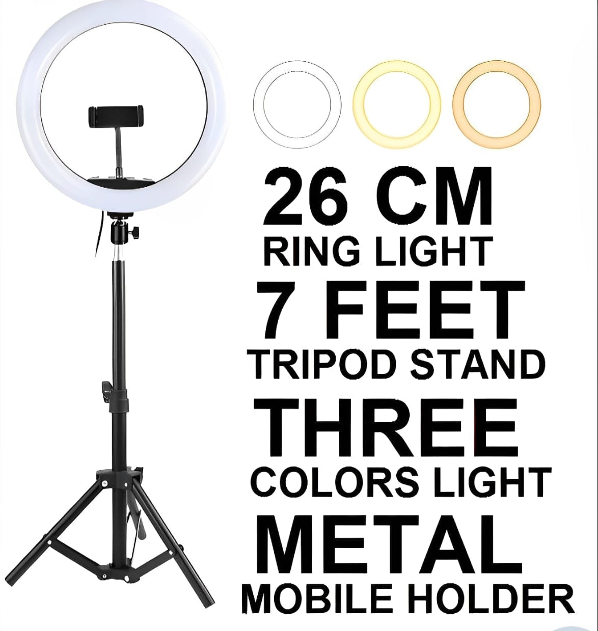 26CM LED Ring Light with Mobile Holder, 7ft Tripod Stand, 3 Light Colors, Dimmable USB Selfie Ring Light for Videography and Photography - Rumaisas