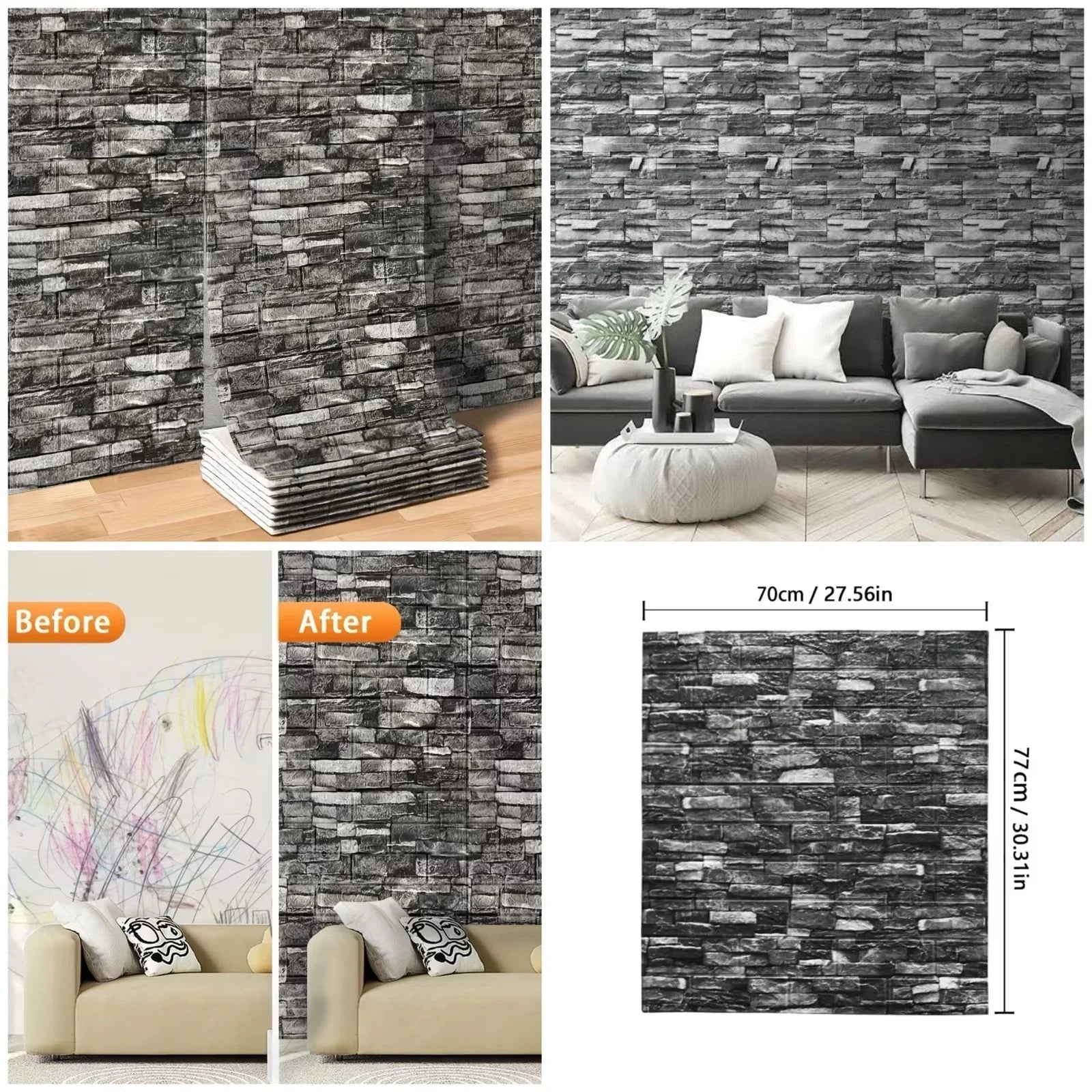 70cm x 77cm - Grey Brick Wallpaper Peel and Stick Wallpaper - Rumaisas