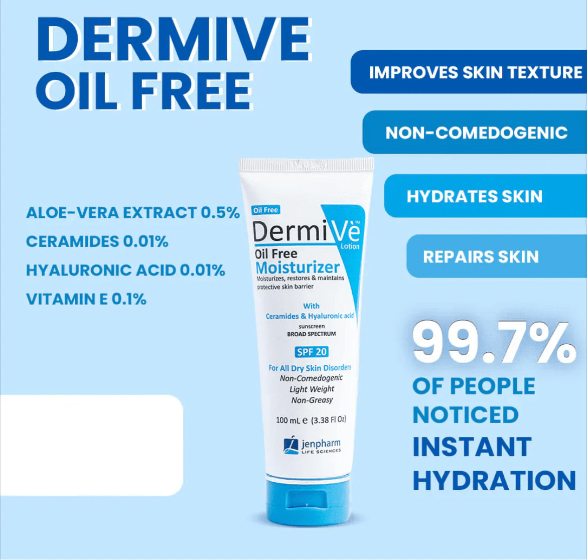 Jenpharm Dermive Oil Free Moisturizer Spf 20 - 100ml - Factory Leftover - Rumaisas