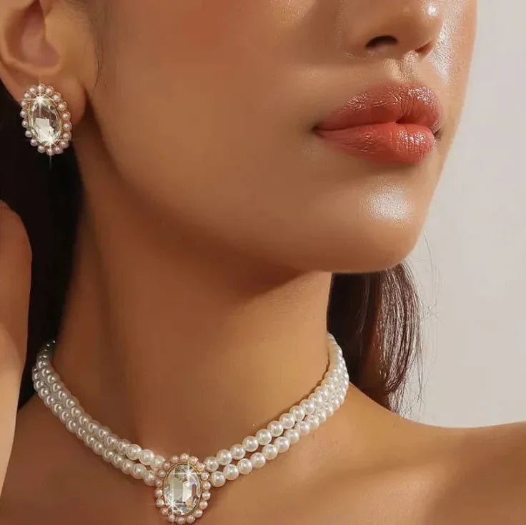 Pearl & Crystal Rhinestone Jewelry Set - Rumaisas