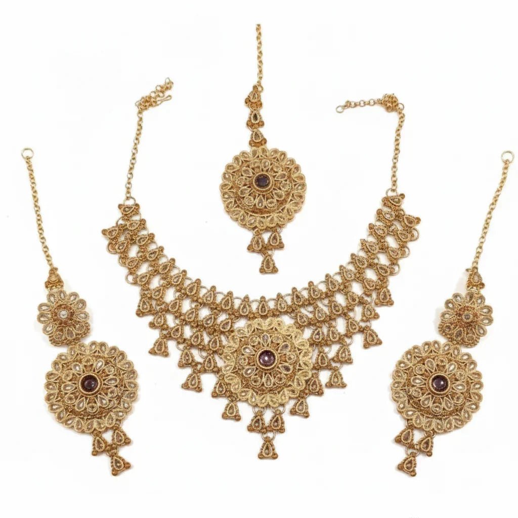 Rose Bridal Color Necklace Set with Earrings & Tikka - Rumaisas