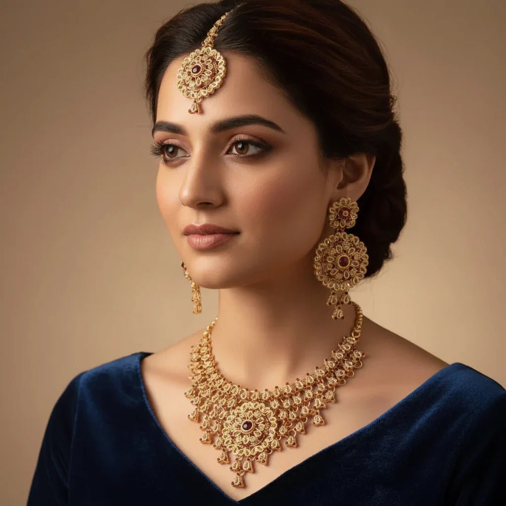 Rose Bridal Color Necklace Set with Earrings & Tikka - Rumaisas