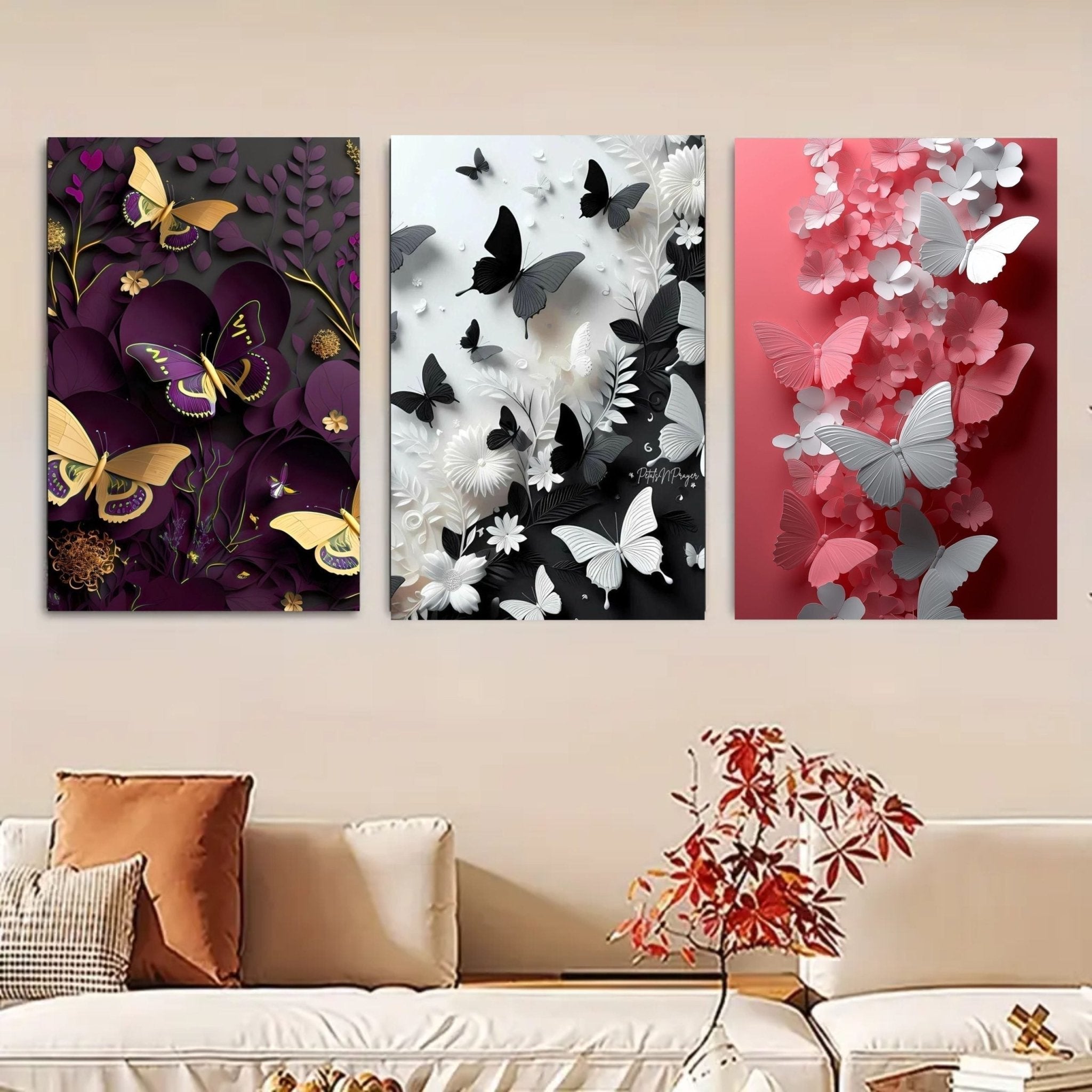 set of 3 Butterfly art wooden frames for wall decoration / sticky photo tile - Rumaisas