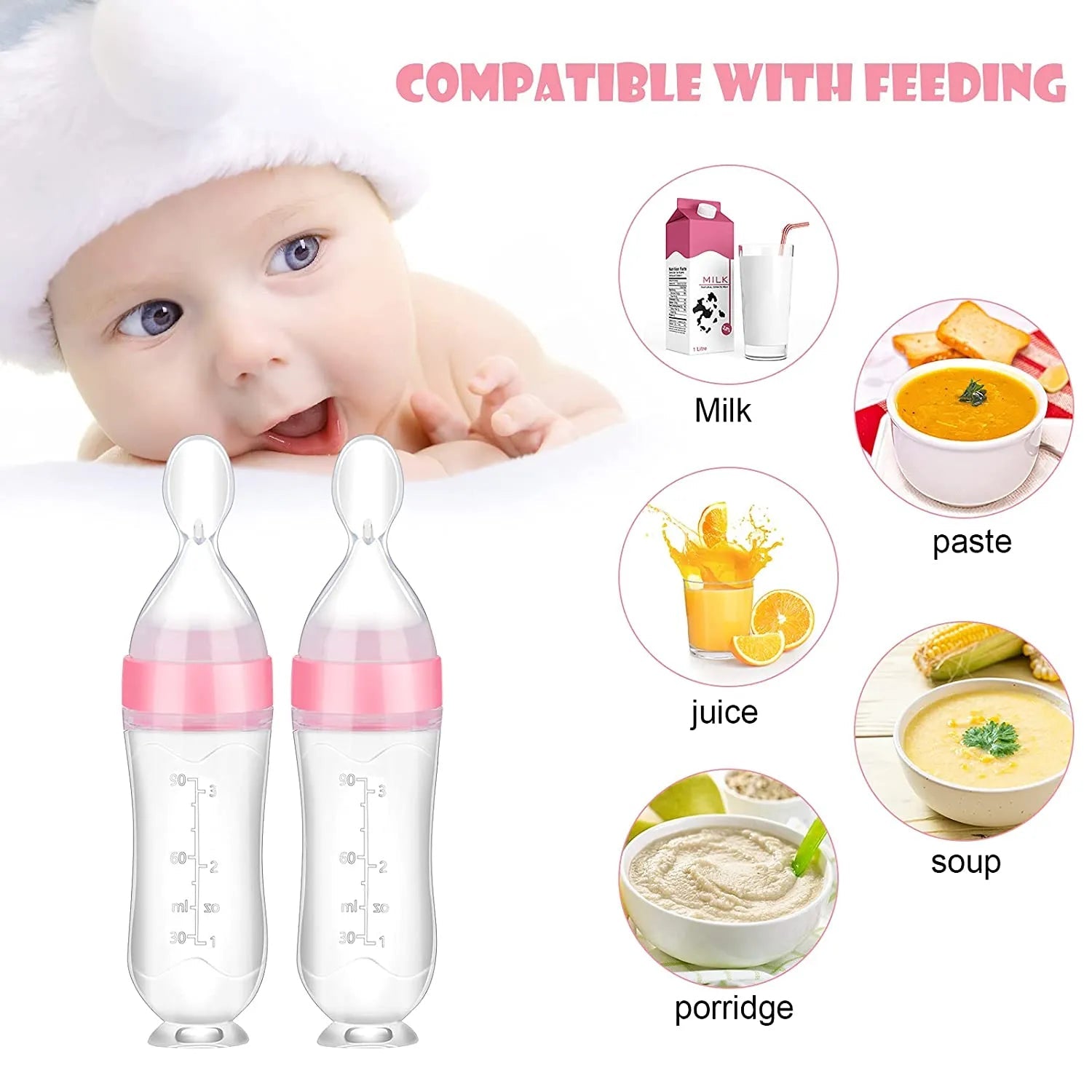 Silicone Baby Feeder Squeeze Feeding Bottle With Spoon - 90ml - Rumaisas