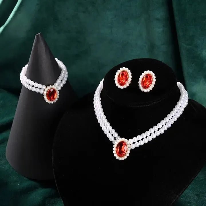 Stone Pearl Combo Jewelry Set – Necklace, Stud Earrings & Bracelet - Rumaisas
