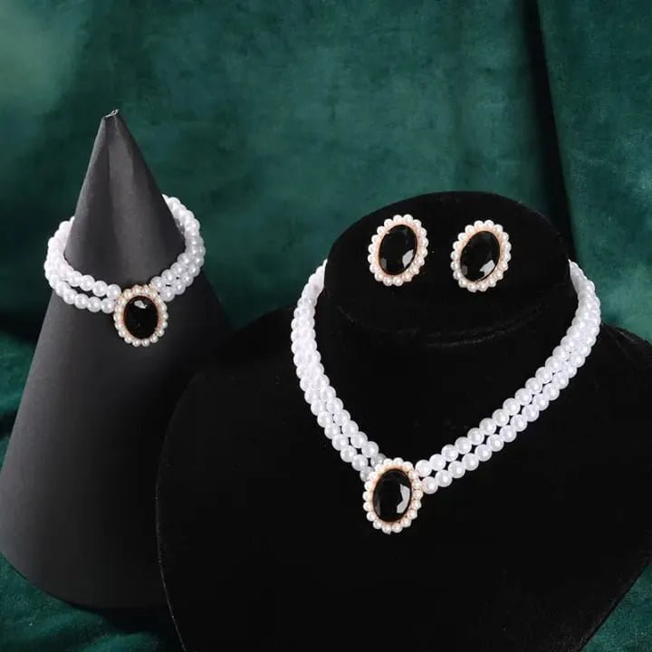 Stone Pearl Combo Jewelry Set – Necklace, Stud Earrings & Bracelet - Rumaisas