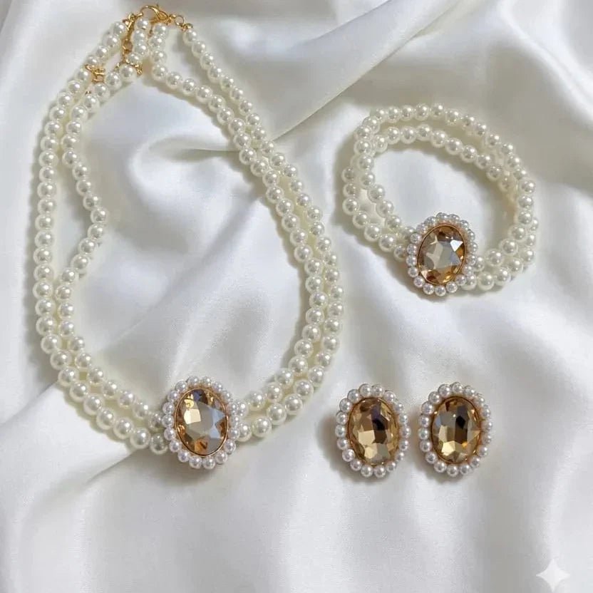 Stone Pearl Combo Jewelry Set – Necklace, Stud Earrings & Bracelet - Rumaisas